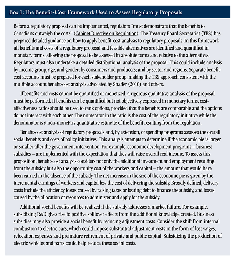 Graphic that says "Box 1: The Benefit-Cost Framework Used to Assess Regulatory Proposals