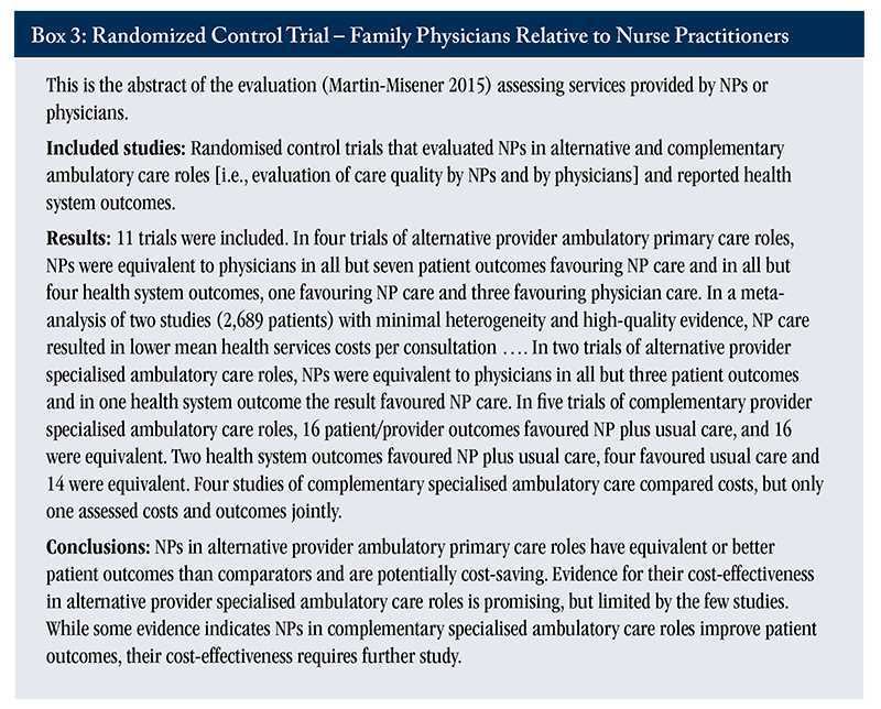 Text box that says: "Box 3: Randomized Control Trial - Family Physicians Relative to Nurse Practitioners