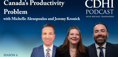 Graphic showing three people smiling. Text says "Canada's Productivity Problem with Michelle Alexopoulos and Jeremy Kronick