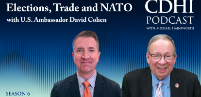 Graphic showing two people smiling. Title: Elections, Trade, and NATO with US Ambassador David Cohen