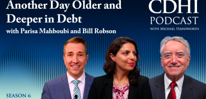 Graphic with three people smiling. Text says "Another Day Older and Deeper in Debt with Parisa Mahboubani and Bill Robson"