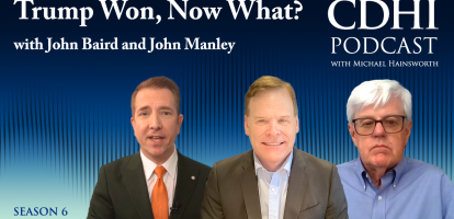 Graphic with three people. Text says: Trump Won, Now What? With John Baird and John Manley