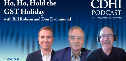 Three men smiling. Text next to them saying: Ho, Ho, Hold the GST Holiday with Bill Robson and Don Drummond