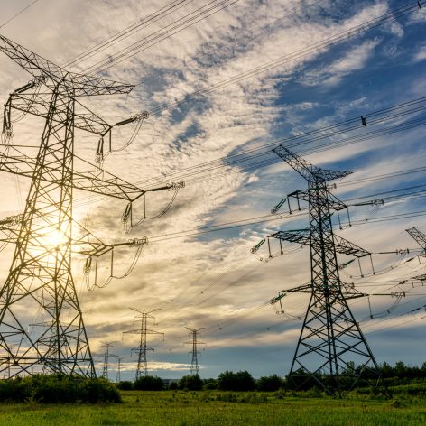 Hydro transmission towers and electricity power lines in the morning