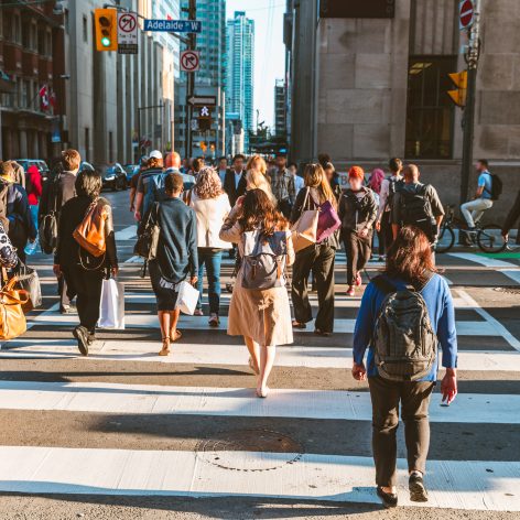 Crowd of unrecognisable people crossing street on traffic light zebra in the city of Toronto at rush hour - Lifestyle in a big city in North America