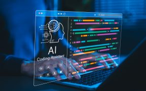 AI coding assistant and programming support. Programmer use laptop with AI coding assistant and colorful program code, representing artificial intelligence in software development and code generation.